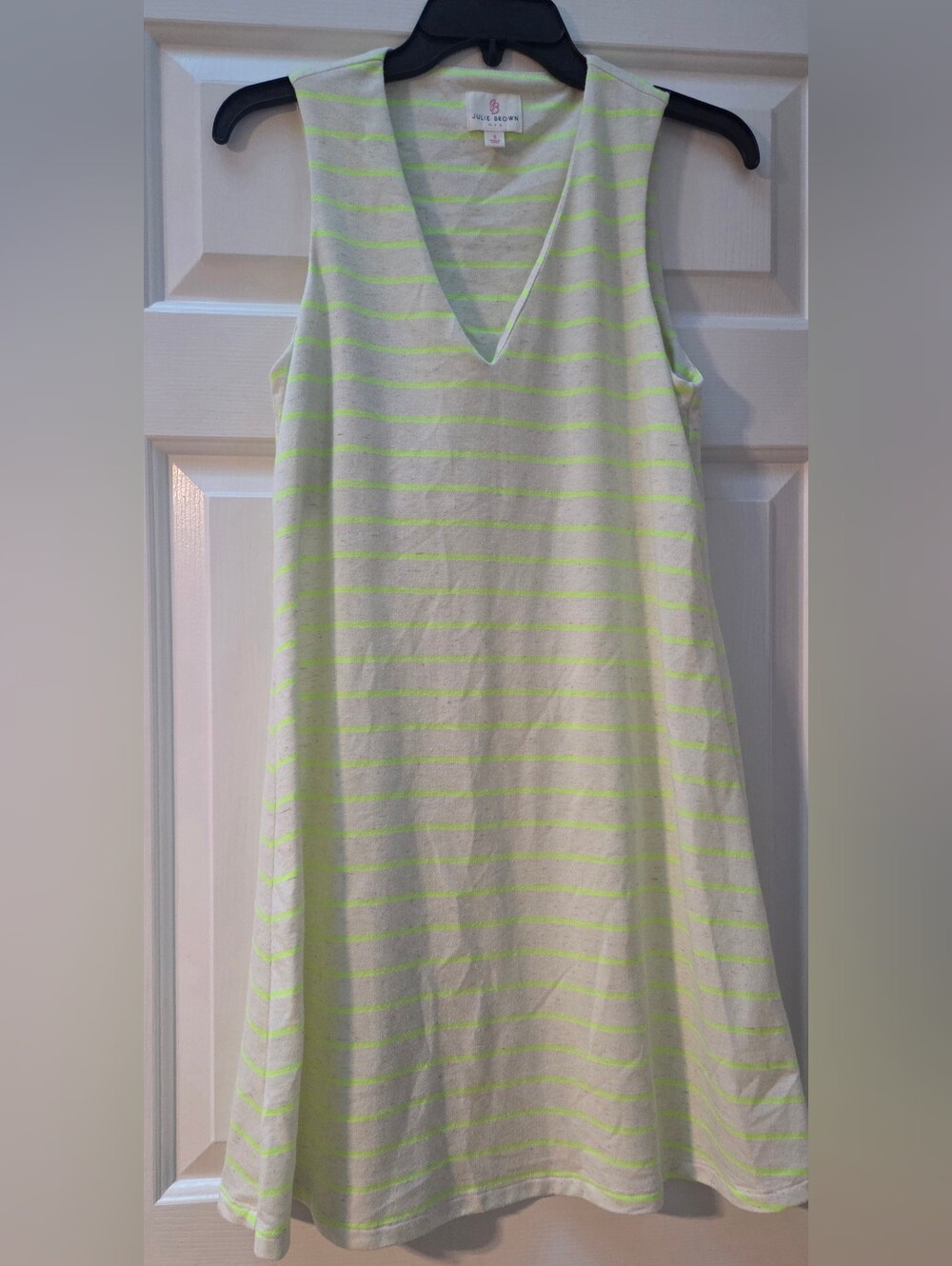 Julie Brown Cream and Neon Green Striped V‑Neck Sleeveless Mini Dress
